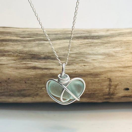 Aqua Heart Sea Glass Pendant