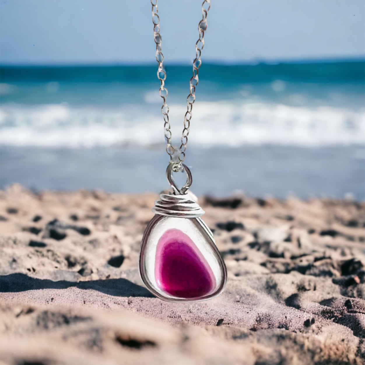 Rare Deep Pink Seaham Sea Glass Multicolour Pendant Necklace Handmade