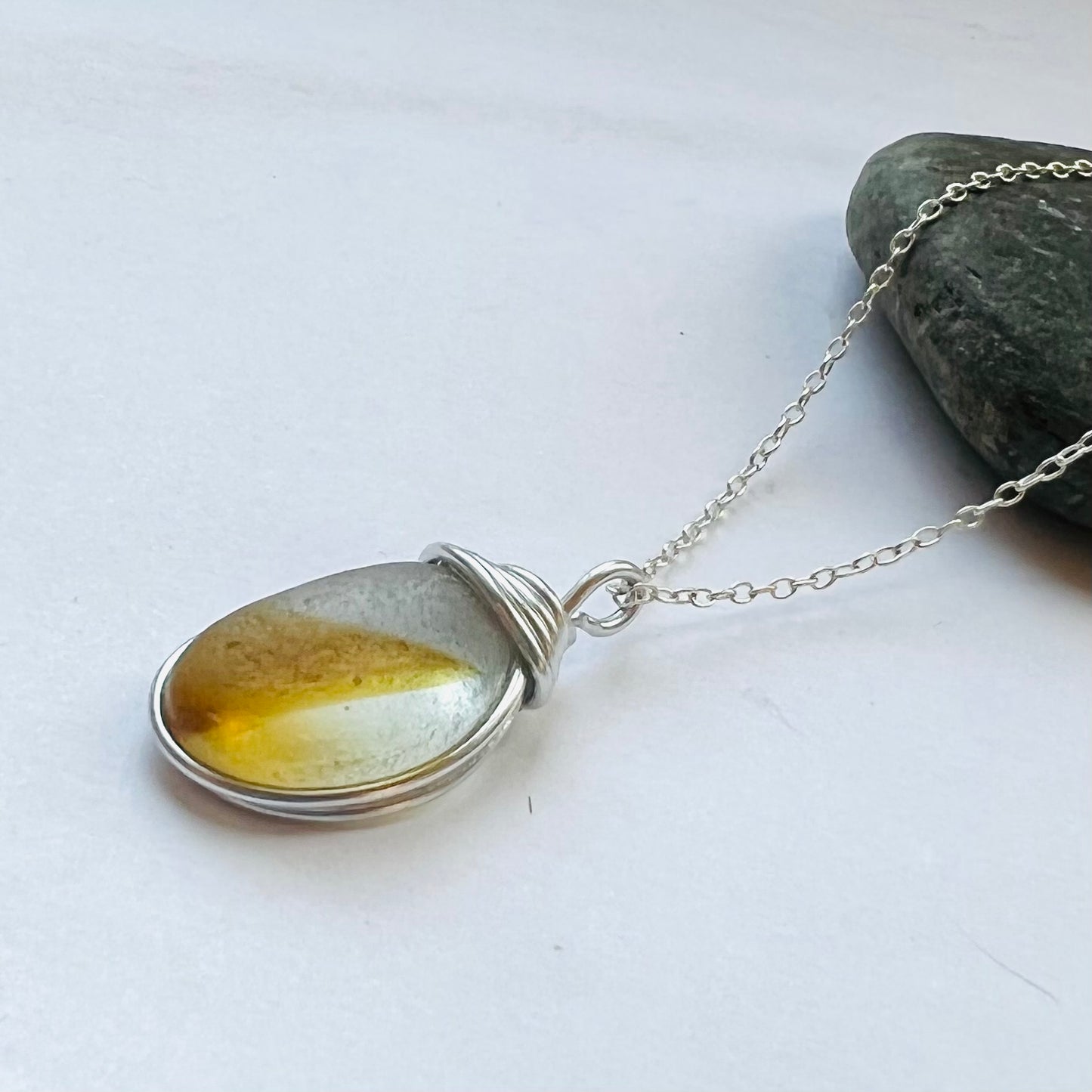 Yellow and White Seaham Sea Glass Pendant