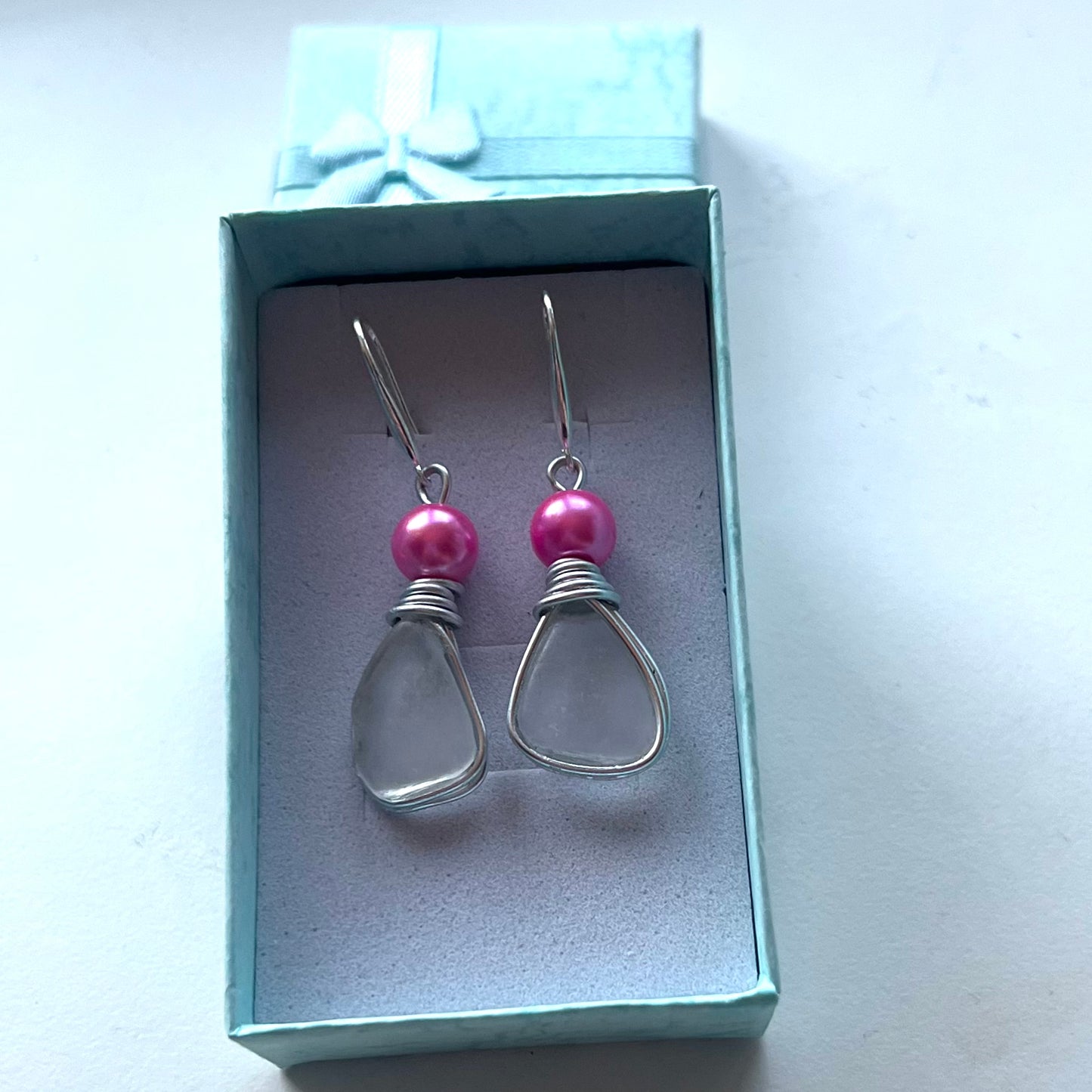 Devon Sea Glass & Pink Bead Earrings