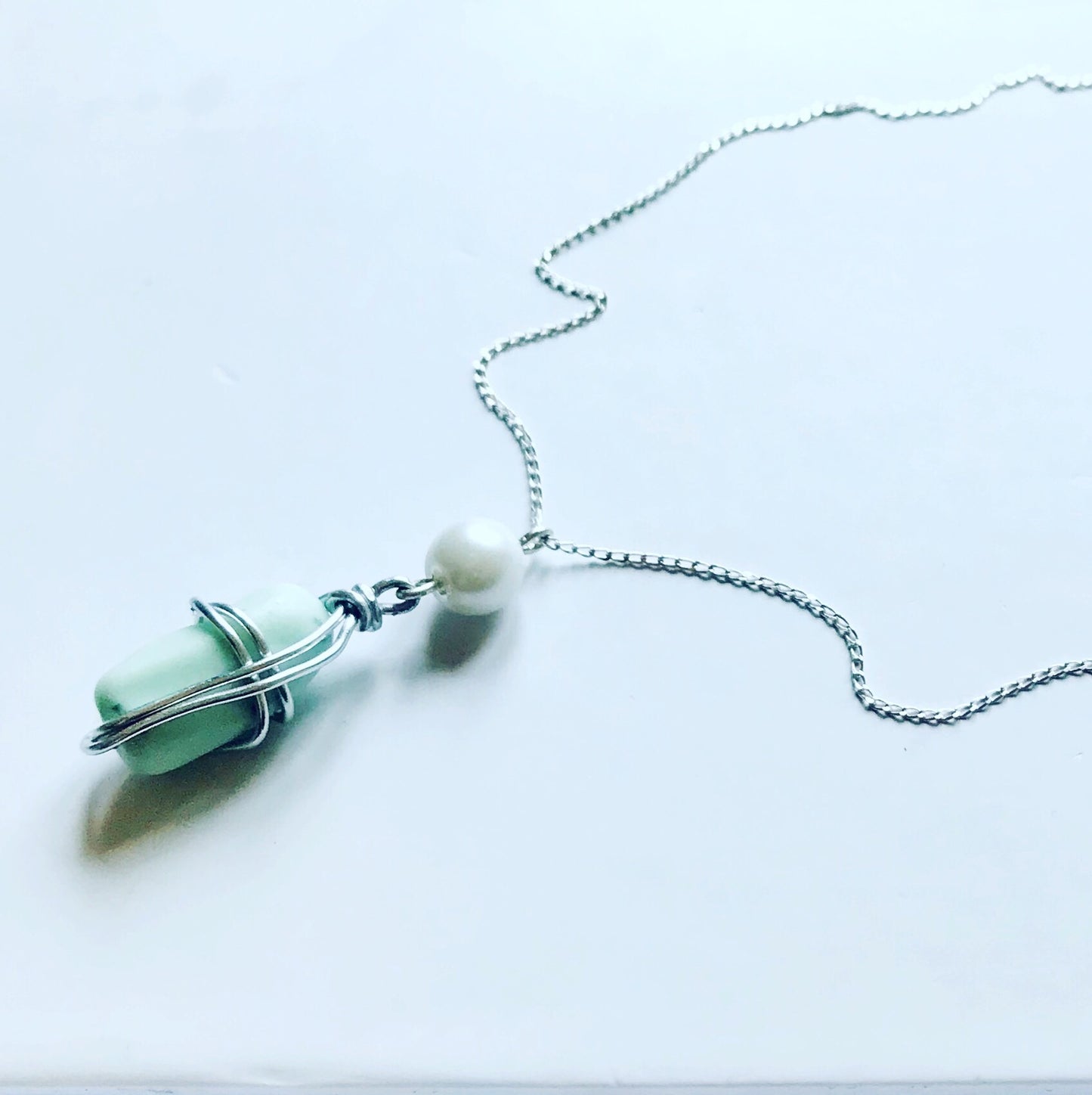 Seaham Sea Glass - Pale Blue Milk Glass - Pendant on 20” Sterling Silver Chain