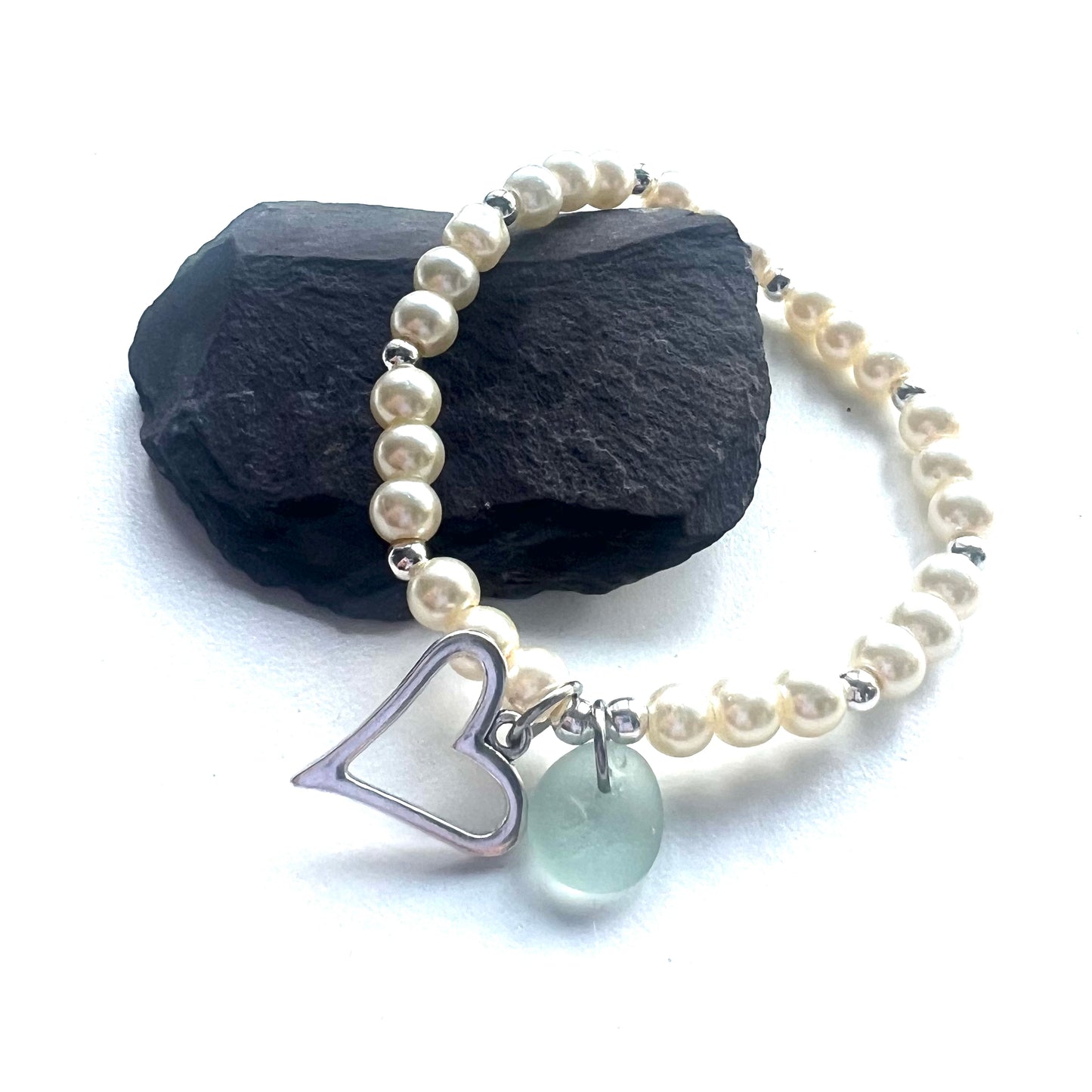 Pearl & Sea Glass Heart Charm Bracelet
