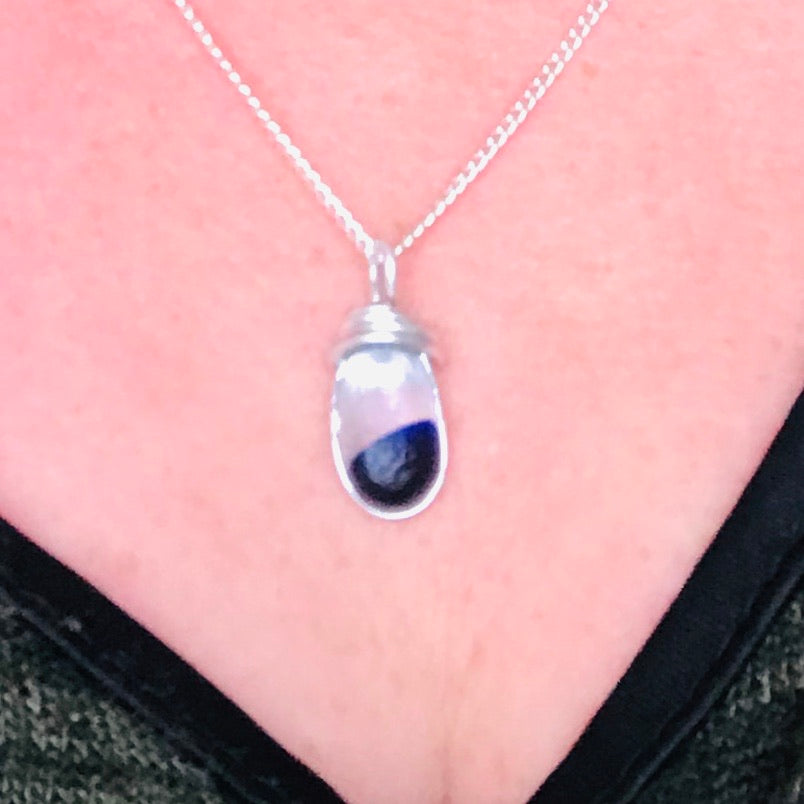 Deep Blue Spot Sea Glass Pendant on a Sterling Silver Chain