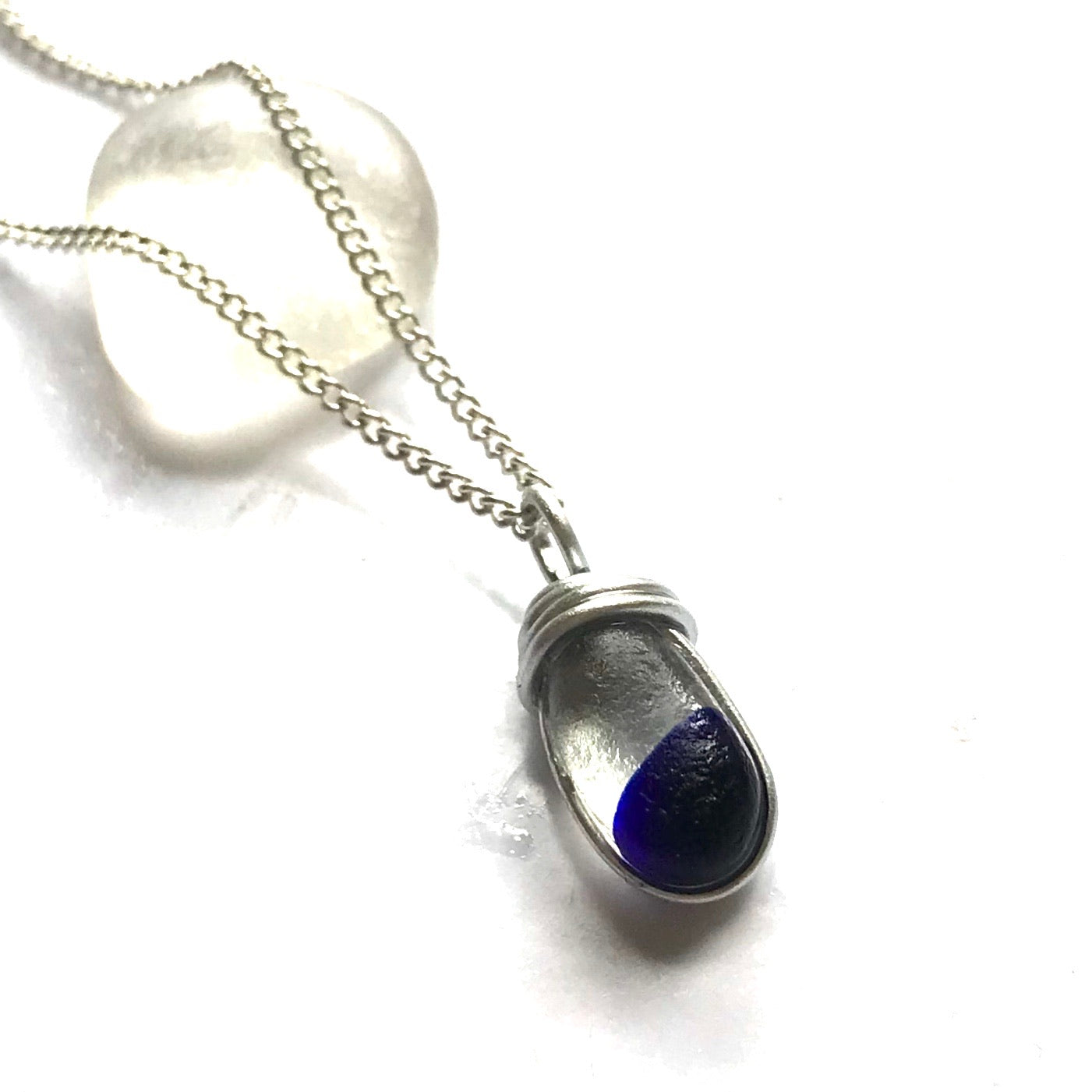 Deep Blue Spot Sea Glass Pendant on a Sterling Silver Chain