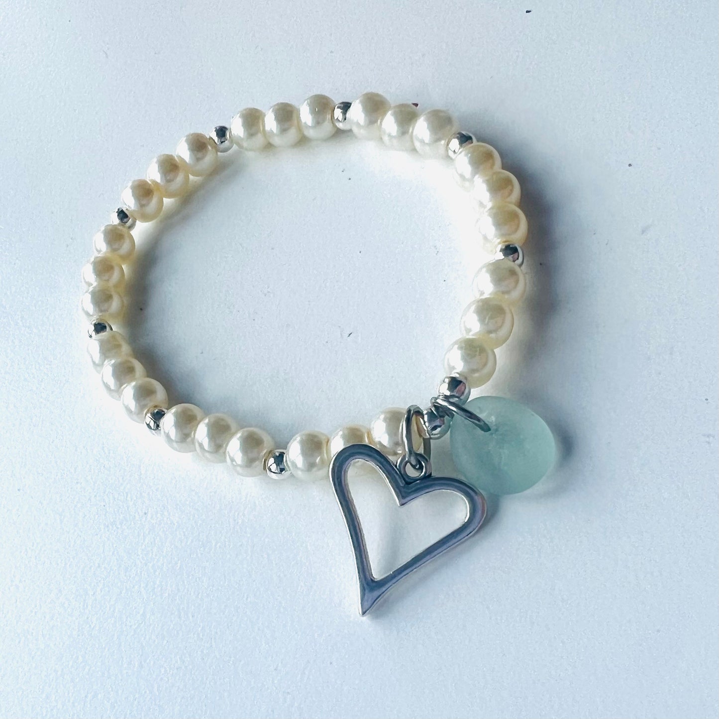 Pearl & Sea Glass Heart Charm Bracelet