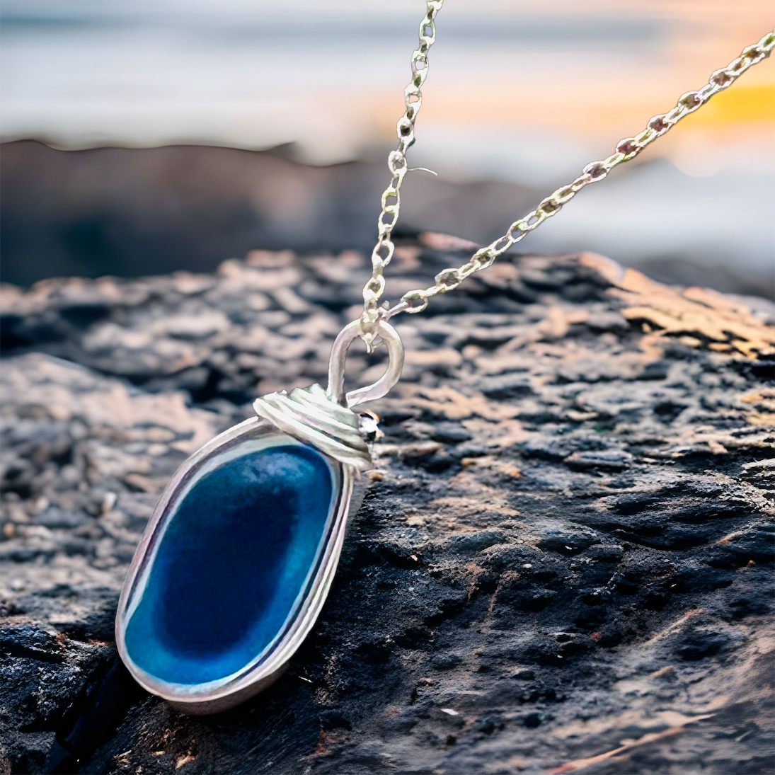 Beautiful Mixed Blues Seaham Sea Glass Multi Pendant Necklace Handmade