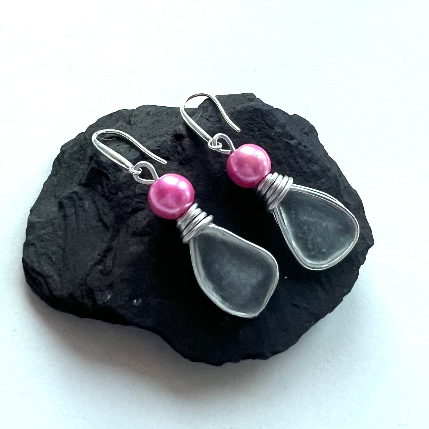 Devon Sea Glass & Pink Bead Earrings