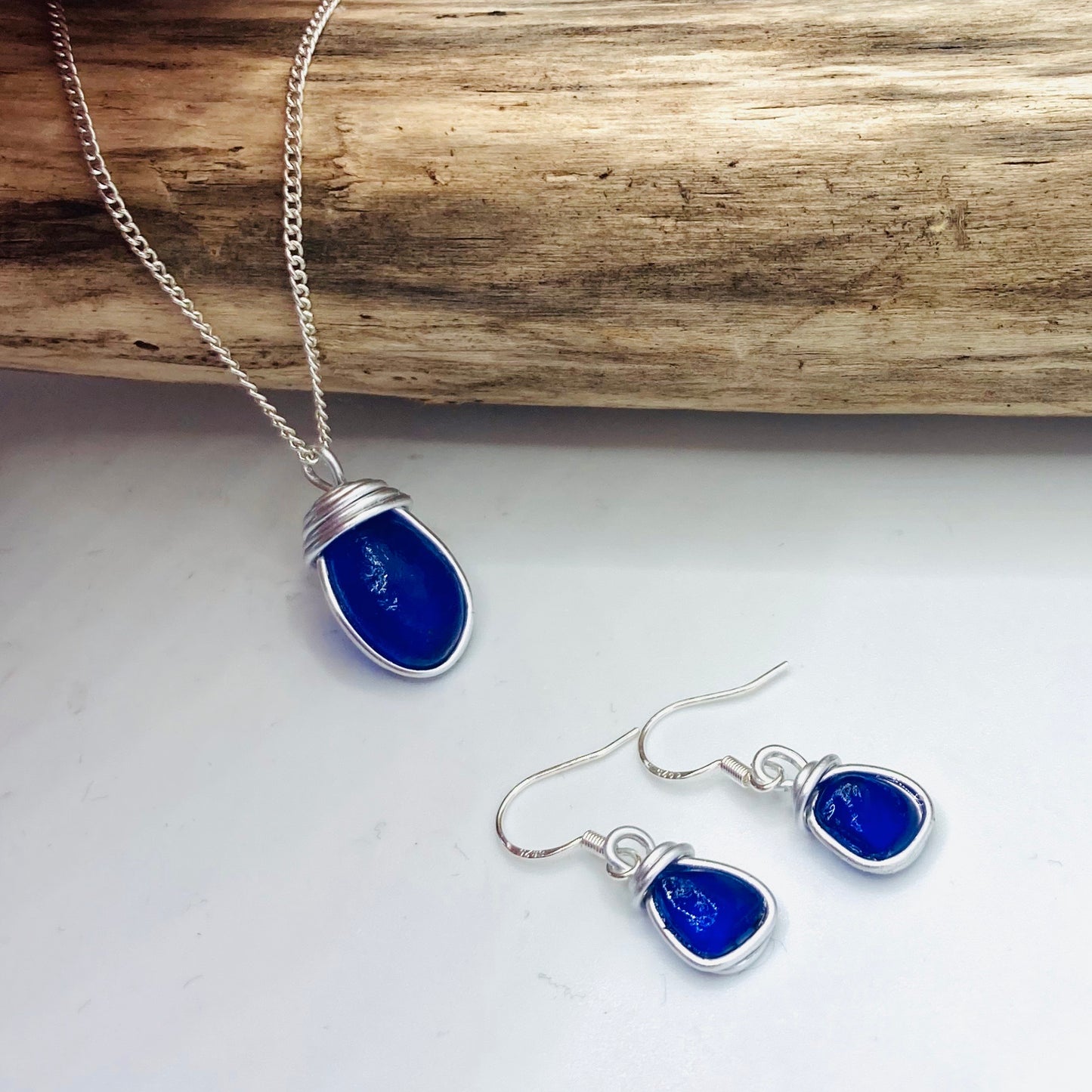 Sapphire Blue Sea Glass Jewellery Set