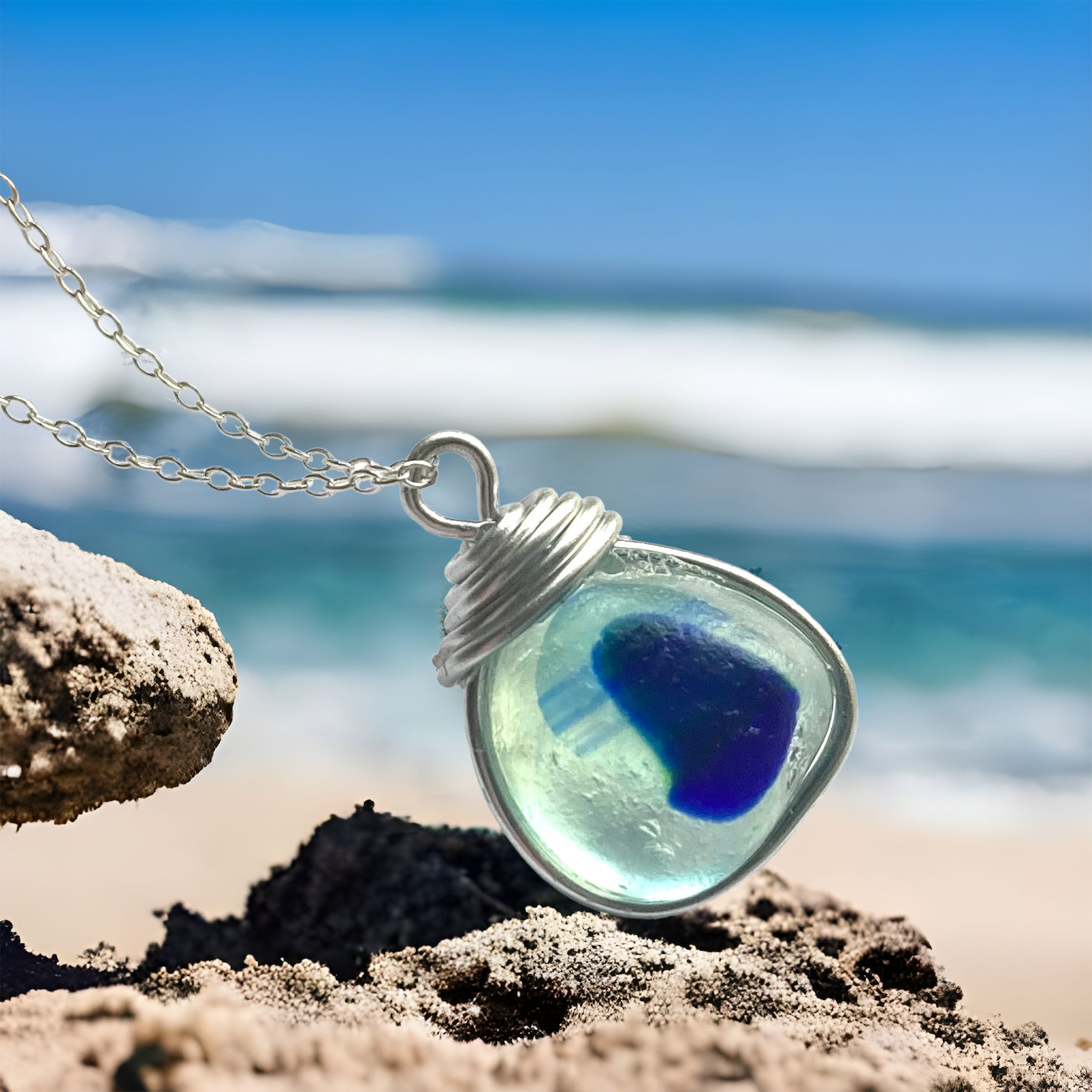 Stunning Multi Tone Blues Seaham Sea Glass Pendant